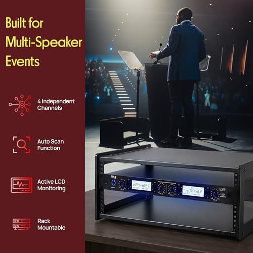 Pyle 4 Channel UHF Wireless Conference Microphone System with 4 Gooseneck Mics, 300 Ft Range, Selectable Frequencies & Rack Mount Receiver for Meetings, Presentations & Events - Image 3