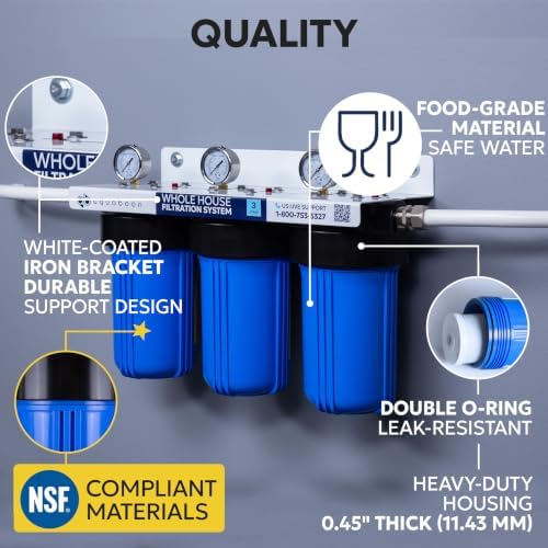 Aquaboon 3-Stage Whole House Water Filtration System with 5 Micron 10x4.5 Reducing Sediment, KDF Heavy Metals and Carbon Chlorine Reduction Water Filter Purification Cartrige, Pressure Gauges, Wrench - Image 3