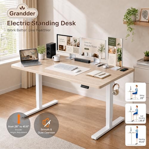 Grandder 47x32 Large Electric Standing Desk, Height Adjustable Computer Desk with 2 Memory Presets, 31.5" Deep Desktop Sit Stand Desk Home Office Desk Workstation Table with Hooks, Light Walnut - Image 4