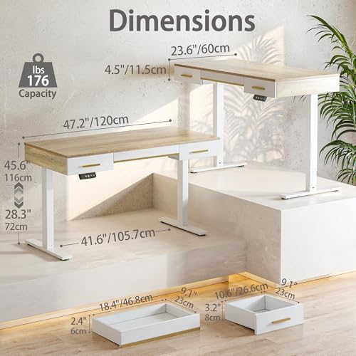 TIQLAB One-Piece Top Electric Standing Desk, 47 x 24 Inch Height Adjustable Sit Stand Desk with Three Drawers for Home Office, Maple - Image 2