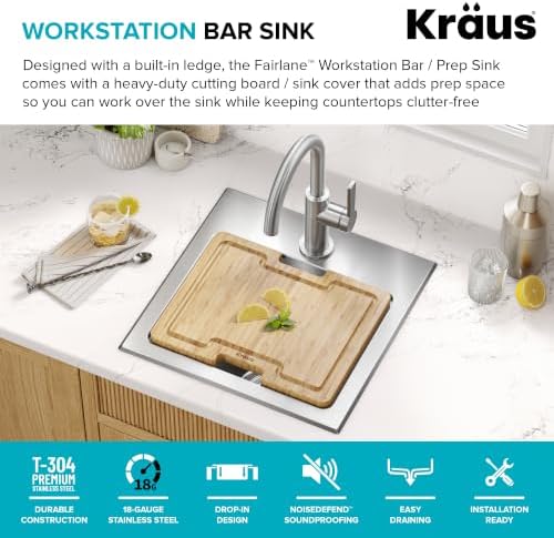 KRAUS Fairlane 15 in Drop In/Top Mount Workstation Single Bowl 18-Gauge Stainless Steel Bar Kitchen Sink with Accessories, KWT631-15 - Image 3