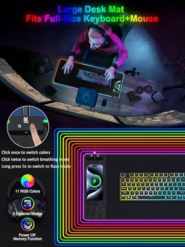 RGB Gaming Mouse Pad with Fast Wireless Charger, LED Extended Desk Mat, Home Office Large Desk Pad with Ultra-Smooth Surface, Non-Slip Base, Waterproof Keyboard Pad (Black) - Image 2