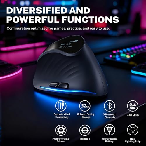 Gaming Mouse with Display, Wireless Vertical Ergonomic Mouse with Tri-Mode Connectivity, 7 Programmable RGB Buttons, 4000 DPI, Rechargeable for PC Laptop Mac - Image 2