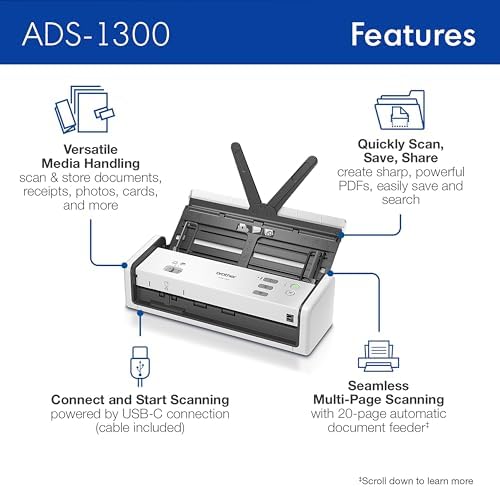 Brother ADS-1300 Compact Desktop Scanner | Scan Speeds of Up to 30ppm | Single Pass Double-Sided Scanning (Renewed Premium) - Image 3