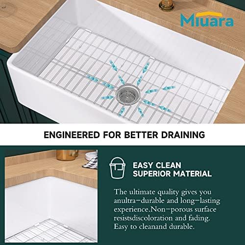 Miuara Farmhouse Sink 33 x 20 Inch White Fireclay Apron Front Kitchen Sink - Image 5