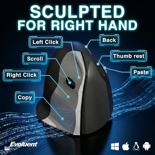 Evoluent – The World's Original Vertical Mouse – VMC Classic Wireless USB/Bluetooth Ergonomic Mouse Right Hand M-L, Sculpted Comfort, 4 Speeds, Non-Programmable Copy & Paste Buttons - Image 3