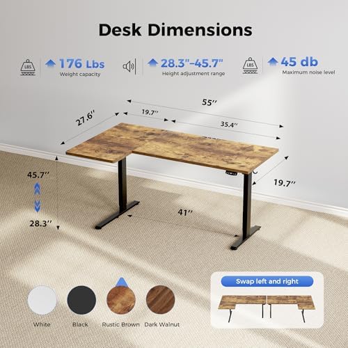 Agilestic 55 * 28 Inch Reversible L Shaped Electric Standing Desk, Brown - Image 3