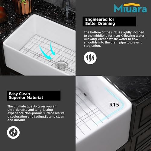 Miuara Farmhouse Sink 33 x 18 Inch White Fireclay Apron Front Kitchen Sink - Image 5