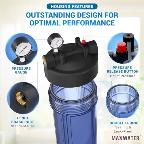 Max Water 20" x 4.5" Whole House Water Filter Housing – Fits Standard Large Blue Filters – 1 inch Inlet/Outlet Ports with Pressure Gauge Wrench and Bracket (2 Housing + 2 Pressure Gauge) - Image 3