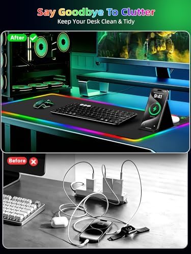 Mouse Pad with Foldable Phone Holder & Wireless Charger, XXL RGB Gaming Mousepad 31.5"x15.8" Large Desk Mat for Keyboard, Black Desk Pad with Dual Qi Charging Station | 11 Colors 5 Modes | Waterproof - Image 6