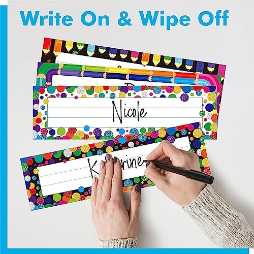 40PCS Desk Nameplates, 4 Designs Double Sided PET Film Desk Name Tags Erasable & Reusable Traditional Manuscript Name Plate Colorful Decoration for Student School Classroom Organization (10” x 2.8”) - Image 4