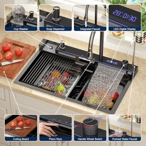 Lordear 30 Inch Black Drop In Smart Kitchen Sink with Waterfall Faucet - Image 4