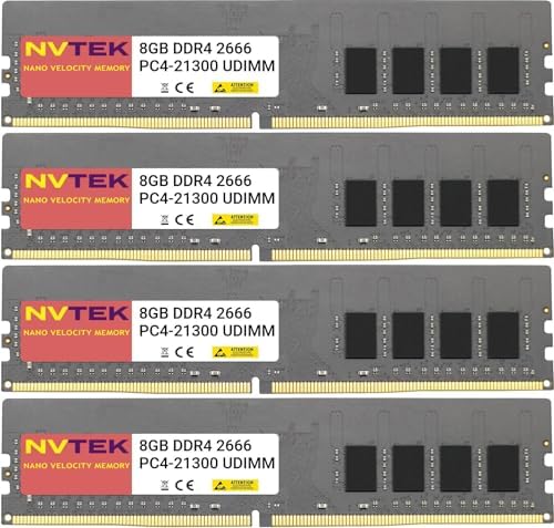 32GB (4X8GB) DDR4 2666MHz PC4-21300 UDIMM 1Rx8 1.2V CL19 288-PIN Non-ECC Unbuffered Desktop PC Computer Memory KIT by NVTEK