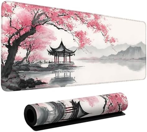 Japanese Cherry Blossoms Gaming Mouse Pad 35.4"x15.7" Large Extended Pad Desk Mat Anti-Slip Rubber Base & Durable Stitched Edges for Gamers Smooth Mouse Pad Writing Surface for Desk Office/Home by LEIWEIHOPE