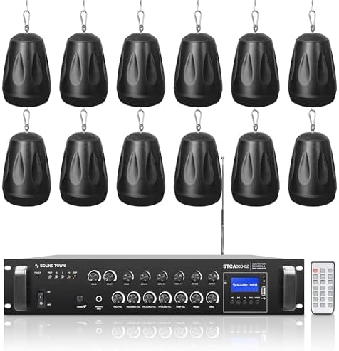Sound Town Commercial Restaurant Bluetooth Amplifier + Pendant Speaker Set, with One 6-Zone 70V/100V Amplifier with Bluetooth, 12 x All-Weather 4-Inch Pendant Speakers, Black (STCA360X12PD4B) by SOUNDTOWN