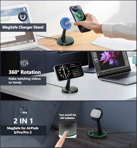 2 Pack 15W Magnetic Wireless Charger Stand for iPhone 18 Pro/18 Pro Max, iPhone 17/16/15/14/13/12 Series, Magnetic Charging Station with LED Light for AirPods - Image 2