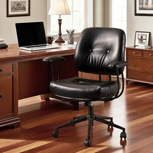 Leather Home Office Chair, Mid Back Ergonomic Desk Chair with Lumbar Support, Mid Century Modern Deep Seat Swivel Rocking Computer Chair, Black by Eco-ChicLivingBeautifullyAffordable