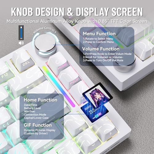 ATTACK SHARK X820 Ultra Wireless Mechanical Keyboard with TFT Smart Display&Knob,75% Bluetooth/2.4GHz/USB-C Wired Gaming Keyboard,Gasket-Mounted Linear Switch with Coiled Cable,for Win/Mac-White - Image 3