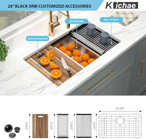 Kichae 28 Black Undermount Kitchen Sink Stainless 16 Gauge Workstation - Image 4