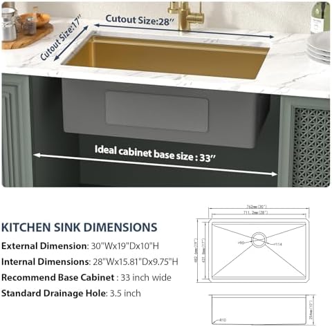 Lordear Gold Undermount Kitchen Sink Workstation 30 Inch Kitchen Sink 16 Gauge Stainless Steel Under Counter Sink Single Bowl Handmade Kitchen Sinks Basin 30x19x10 Inch - Image 5