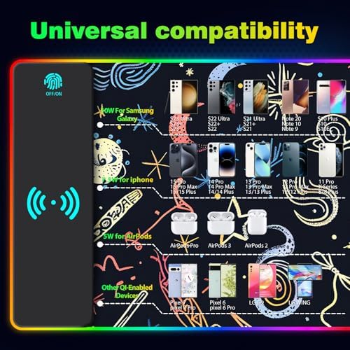 AIMSA RGB Gaming Mouse Pad with Wireless Charging, Large Keyboard Mouse Pad with 14 LED Light Modes, Non-Slip Rubber Base Waterproof Desk Pad for Home Office Decor, Abstract Moon Stars - Image 6