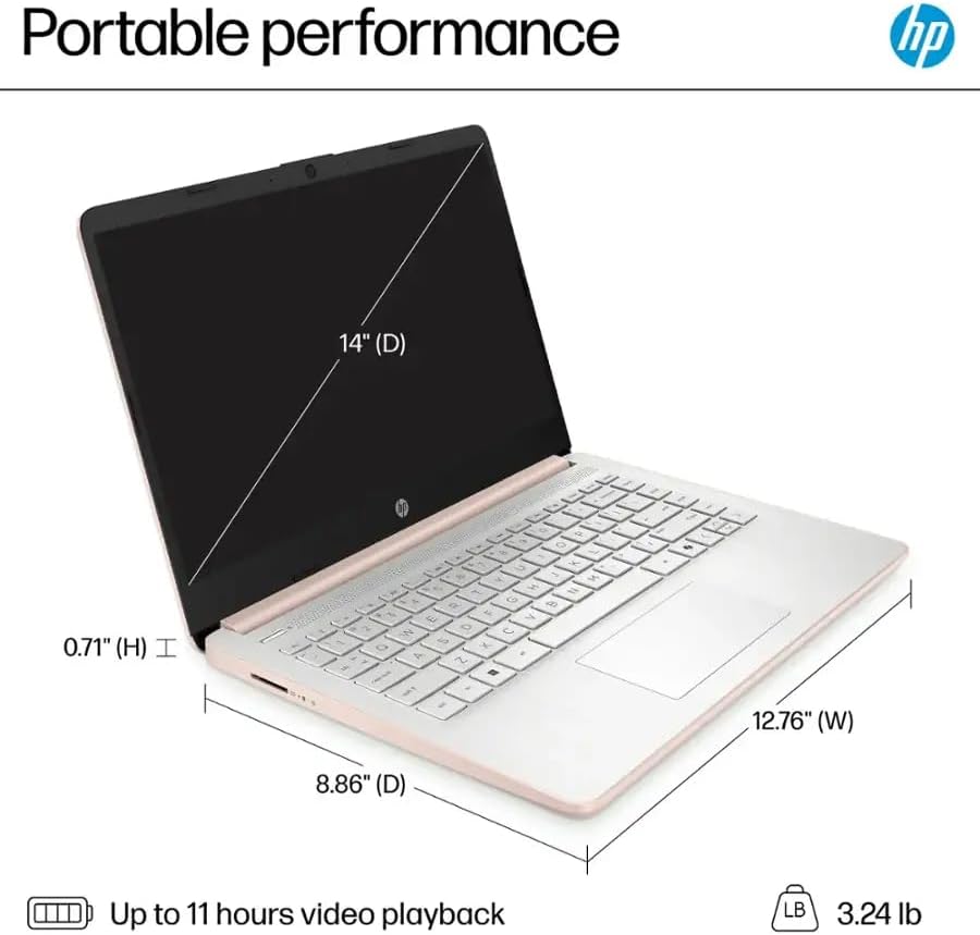 HP 14" Business Laptop Computer with Microsoft Office 365, 4-Core Intel Processor, Windows 11, 128GB Storage, 4GB RAM, SageNova Earphones, Pale Rose Gold - Image 6