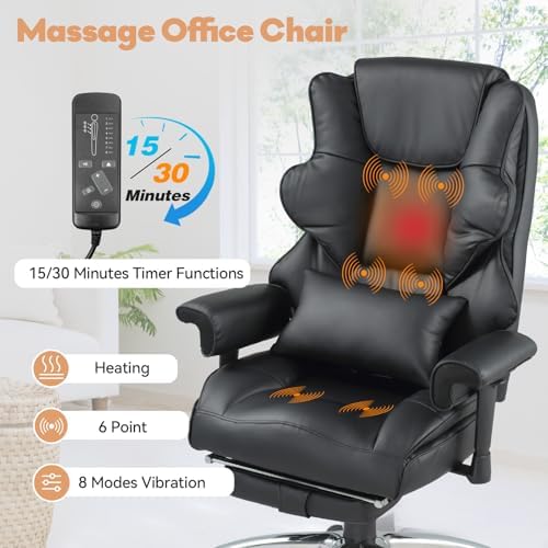 Vibration Massage Heated Office Desk Chair with Foot Rest, Black - Image 5