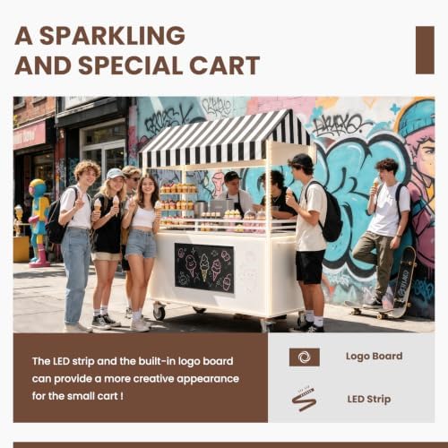 Mobile Food Cart with LED Lights & Canopy, Portable Vendor Display Stand with Lockable Wheels, Commercial Food Kiosk for Markets, Street Vending, Flea Markets, Weddings, Hotels & Snack Events - Image 3