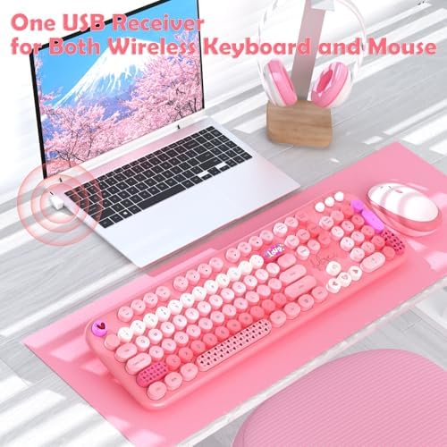 Wireless Keyboard and Mouse,MOFII 104 Round Keys Lovely Full-Size Cute Colorful Keyboard and Mouse with Retro Typewriter for PC/Mac/Laptop/Tablet/Computer/Windows Pink - Image 2