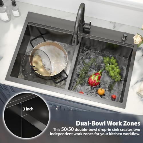 33 x 22 Black Kitchen Sink Drop In Double Bowl Stainless 50/50 Low Divide - Image 5