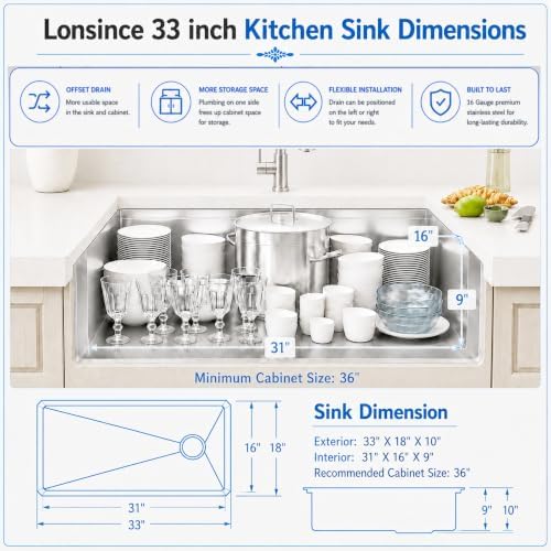 33" X 18" Undermount Kitchen Sink Offset Drain with Workstation - Image 5