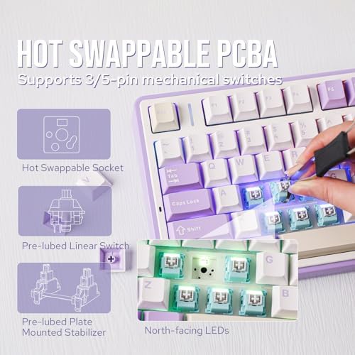 EPOMAKER x Aula F75 Gasket Mechanical Keyboard, 75% Wireless Hot Swappable Gaming Keyboard with Five-Layer Padding&Knob, BT/2.4GHz/USB-C, RGB (Purple, LEOBOG Reaper Switch) - Image 4