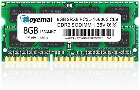 8GB DDR3L/DDR3 10600S 1333MHz RAM, Royemai PC3L/PC3 10600 SODIMM 1.35V/1.5V CL9 2Rx8 Notebook Laptop Computer Memory Module by DUOMEIQI