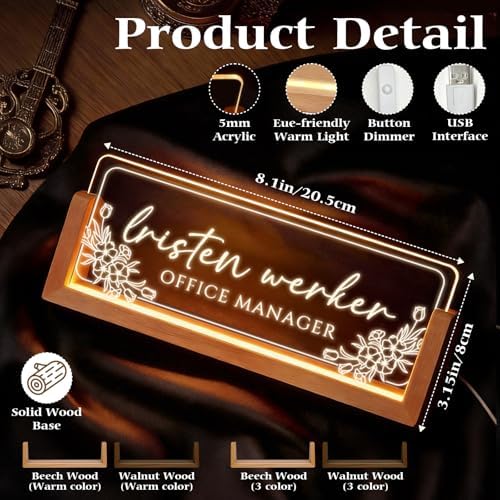 Personalized Light Up Acrylic Desk Name Plate - Custom Name Plate for Desk with Walnut Wood Base - Appreciation Office Gifts for Employees, Teacher, Social Worker (Flower) - Image 2
