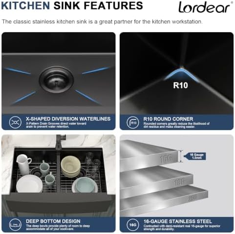 Lordear Matte Black Double Bowl Farmhouse Kitchen Sink Apront Front - Image 3
