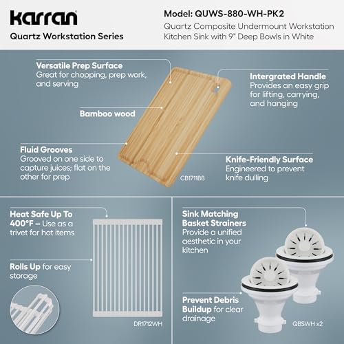 Karran 32.5 Inch Undermount Quartz Composite Workstation Kitchen Sink, 50/50 Double Bowl Low Divide with Color Matched Accessories, Cutting Board, Drying Mat, Colander & Strainers White - Image 5
