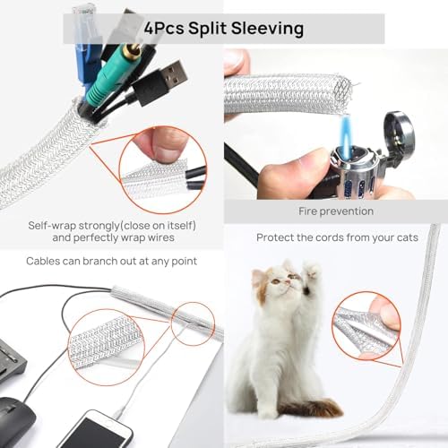 193 PCS Cable Management Kit - 4 Cable Sleeve, 57 Self Adhesive Cable Clips, 12 Hanging Strips, 12 Cable Organizer Straps and 100 Fastening Cable Ties for TV Computer Under Desk (White) - Image 2