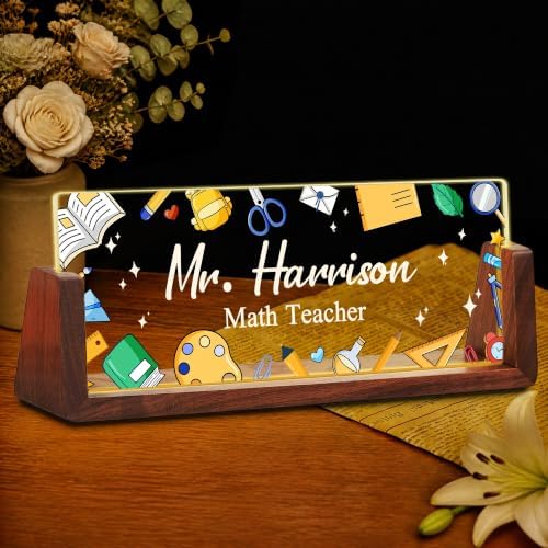 Custom Name Plate for Desk with LED Walnut Frame, Office Desk Decor by Unknown
