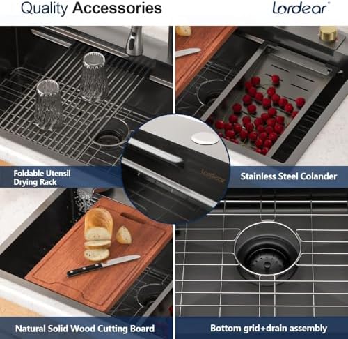 Lordear 33 Inch Black Drop In Kitchen Sink Waterfall T304 16 Gauge Stainless Steel Single Bowl Workstation Ledged Functional Large Kitchen Sinks 33x22x10 Inch - Image 5
