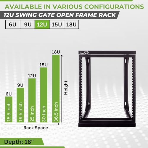 NavePoint 12U Server Rack with Swing Gate - Wall Mount Rack for 19 Inch IT Equipment Open Frame Rack – Network Rack Wall Mount for AV & Server Equipment 18” Deep Rack, Black - Image 3