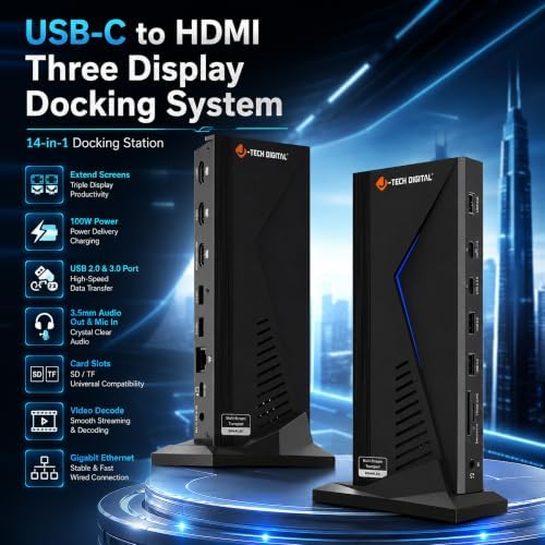 J-Tech Digital 14 in 1 Docking Station up to 4K 60Hz, 3X HDMI, 6X USB, Ethernet, SD/TF, 100W PD, Audio/Mic - Compatible with macOS/Windows, Supports SST/MST (Driver Required) - Image 2