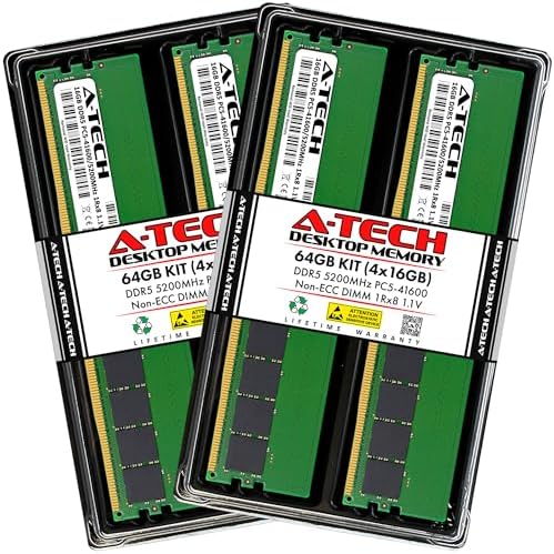 A-Tech 64GB Kit (4x16GB) DDR5 5200MHz PC5-41600 CL42 UDIMM 1Rx8 Single Rank 1.1V Non-ECC Unbuffered DIMM 288-Pin Desktop PC/Computer RAM Memory Upgrade Modules by A-TechComponents
