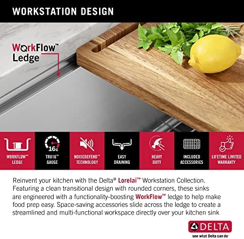 DELTA FAUCET Lorelai 23-inch Workstation Kitchen Sink Undermount 16 Gauge Stainless Steel Single Bowl with WorkFlow Ledge and Kit of 5 Accessories, 95B9132-23S-SS - Image 4