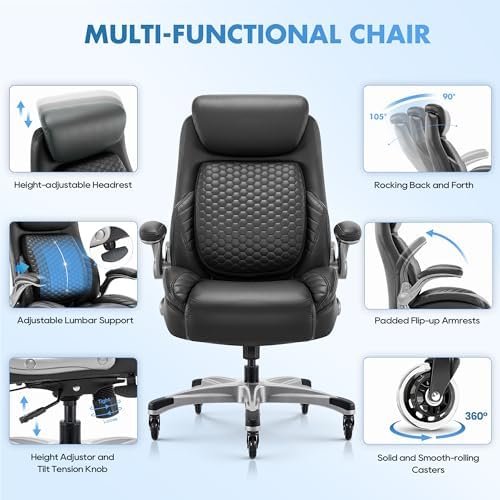 COLAMY Office Ergonomic Desk High Back Executive Chair with Pop-Out Lumbar Support, Upgraded Casters, Adjustable Headrest, Flip-Up Arms, Leather Home with Thick Cushion for Comfort - Black - Image 4