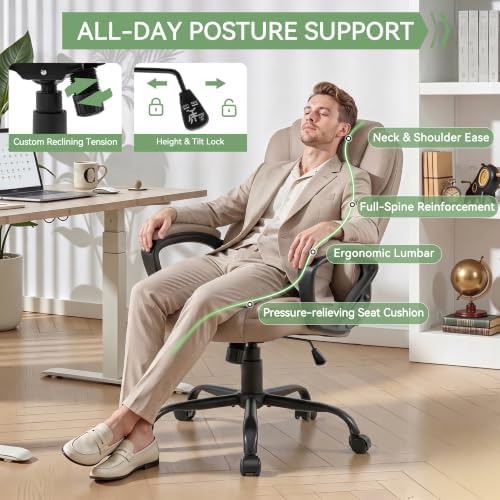 Ergonomic Office Chair with High Back, Comfy Desk Chair, Adjustable Executive Office Chair for Home Office, Big and Tall Computer Chair Heavy Duty, 360° Swivel, Faux Leather, Taupe Beige - Image 3