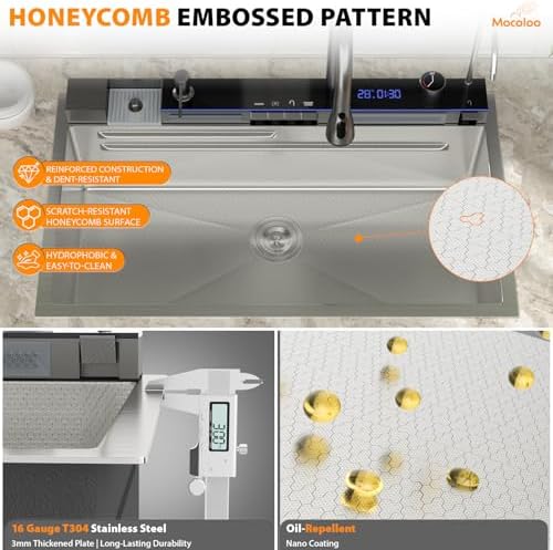 Mocoloo 33 Inch Honeycomb Waterfall Kitchen Sink Drop in, 33x19 Inch Stainless Steel Workstation Sink 16 Gauge Topmount Single Bowl Sink with Complete Kit - Image 3