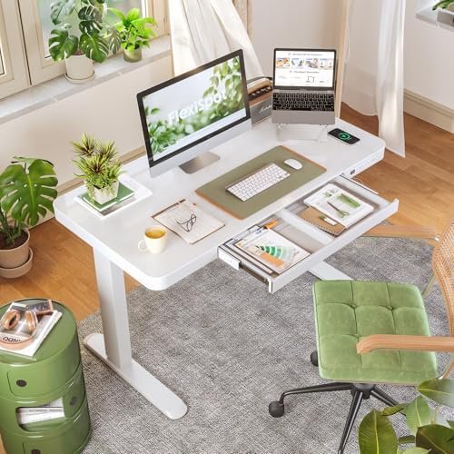 FLEXISPOT Comhar 48" Electric Glass Standing Desk with Drawers, USB Charging, Quick Assembly, Tempered Glass Top, Height Adjustable Sit Stand Desk for Modern Minimalist Home Office, White - Image 2