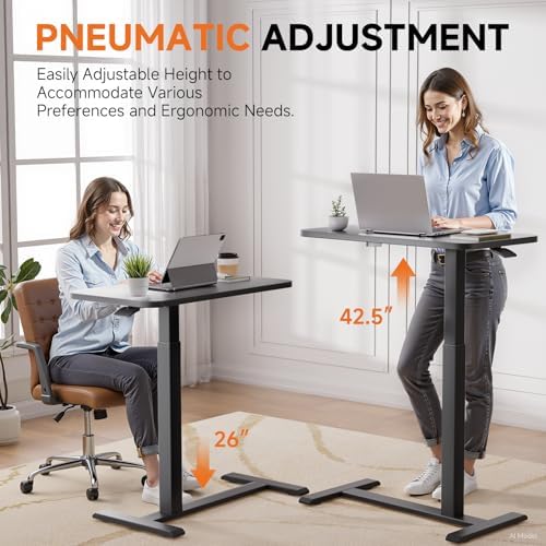 GTPLAYER Small Standing Desk with Hidden Wheels, Pneumatic Mobile Rolling Laptop Desk, Adjustable Height Overbed Bedside Table Computer Workstation for Home Office (28" W x 16" D, Pure Black) - Image 4