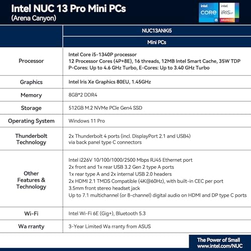 Intel NUC 13 Pro Arena Canyon Mini PC, Core i5-1340P, 16GB RAM, 512GB SSD, Mini Computers Windows 11 Pro for Business Home Office, Support 8K/4K Quad Display/WiFi 6E/BT 5.3/Thunderbolt 4(NUC13ANKi5) - Image 6