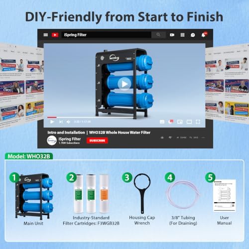 iSpring WHO32BM Iron Manganese Whole House Water Filter System, Horizontal Housings & Drain Valve for Mess-Free Filter Changes, Also Reduces Chlorine, Sediment, 20" x 4.5" Filters, Freestanding Frame - Image 6